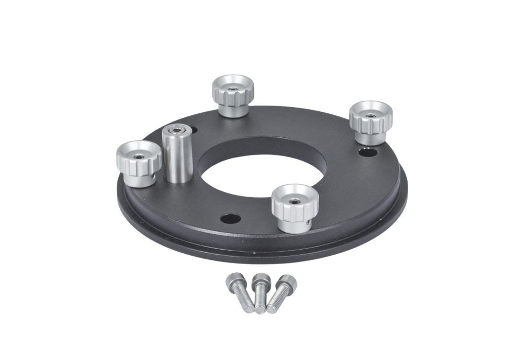 GM 1000 HPS: Adaptateur de base standard pour GM 1000, aluminium anodisé noir, avec molettes, vis et bloc azimutal