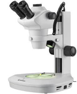 Stéréomicroscope trinoculaire à zoom 8–50x avec éclairage incident et transmis