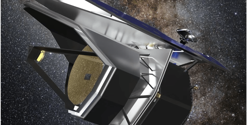 Rendu conceptuel du télescope spatial PRIMA montrant son miroir primaire de 1,8 m et ses boucliers thermiques