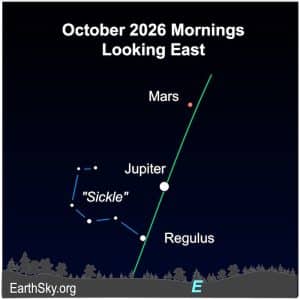 Carte du ciel montrant Jupiter et Mars dans le Lion avant l'aube en octobre 2026, avec Regulus en dessous