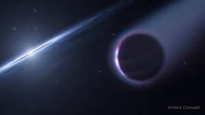 Concept d'artiste : une planète de seconde génération en orbite autour d'une naine blanche, formant un disque de matériel expulsé par l'étoile mourante (ESA/Hubble)